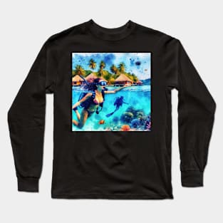 Artistic illustration of scuba divers in tropical waters Long Sleeve T-Shirt